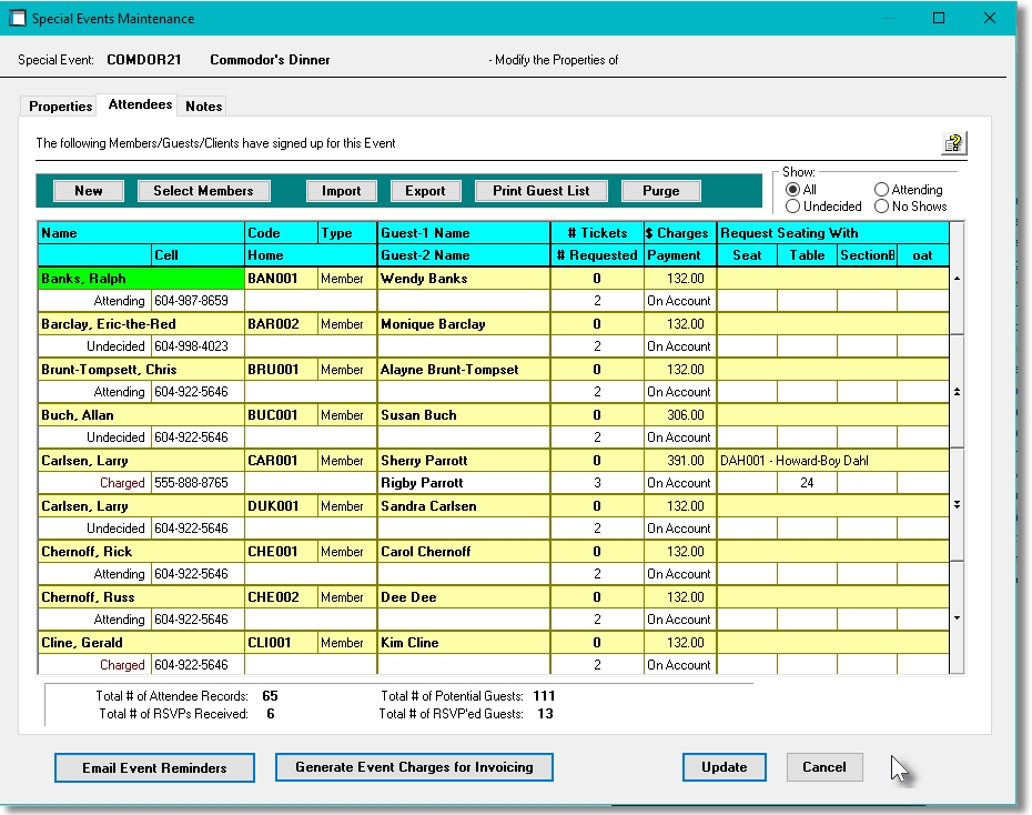 Marina Mate Accounting Event Attendees List Grid Screen